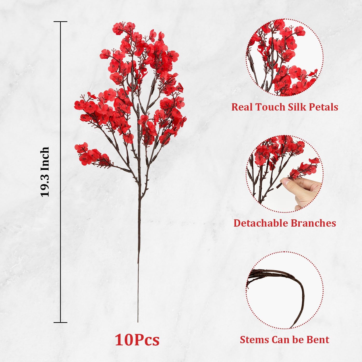 Red Artificial Flowers Plants for Christmas Home Decor Indoor 10 PCS, Fake Silk Babys Breath Realistic Bouquet, Faux Fall Stems Picks for Vases, Floral Arrangement Decorations for Tables Centerpieces
